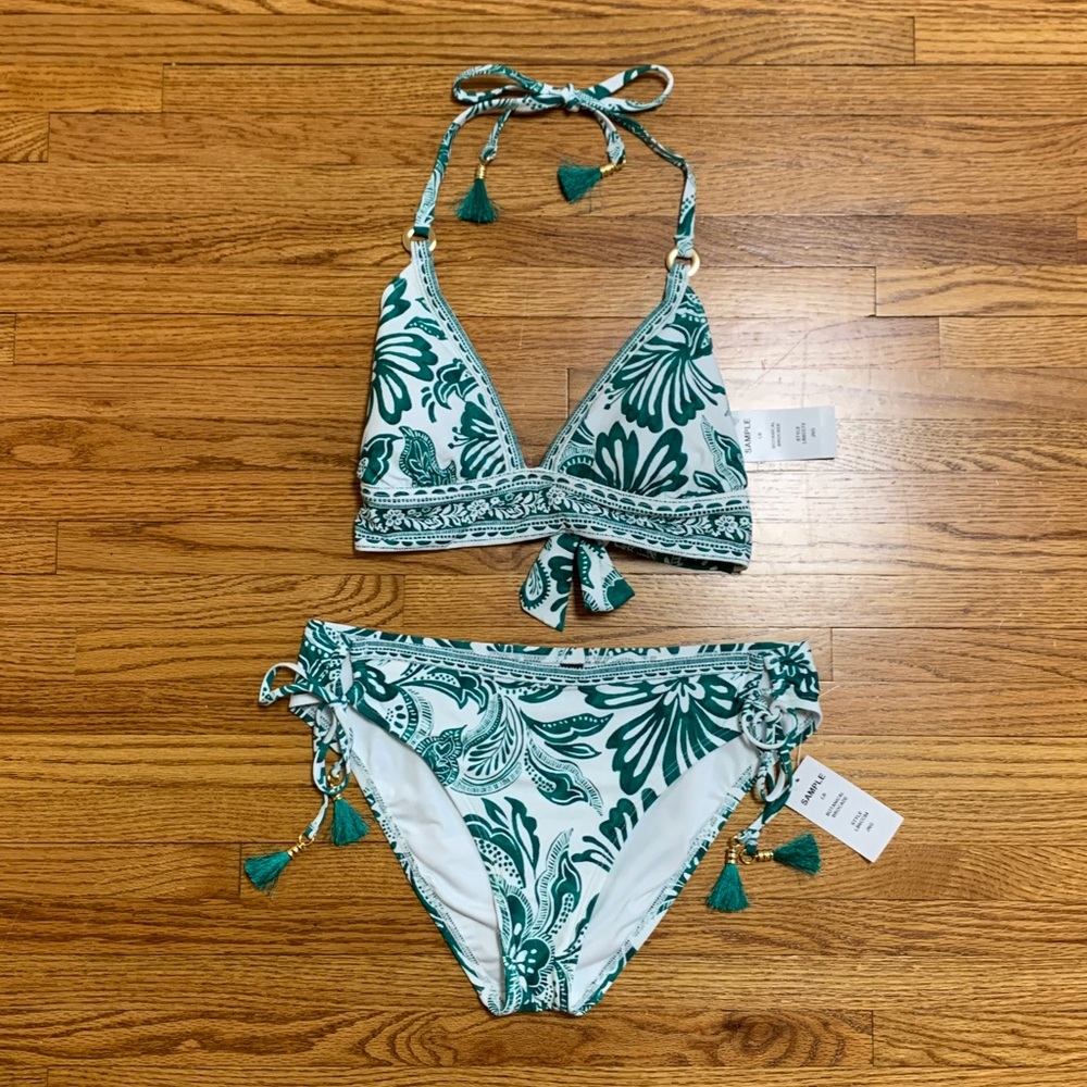 La Blanca swimsuit - botanical brocade green and white paisley bikini set